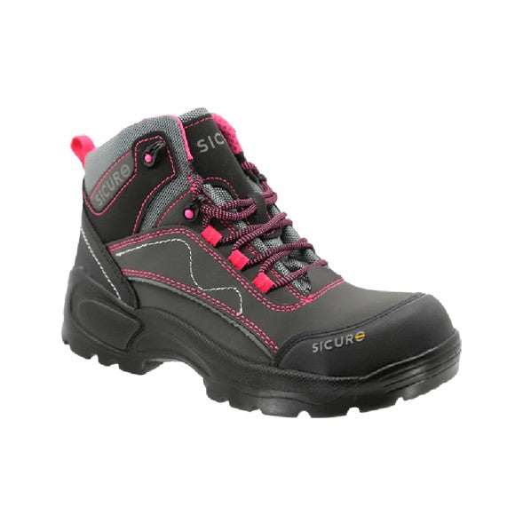 Bota Industrial Sicuro. Modelo Dibase S150 Color Gris/Rosa. Casquillo de Policarbonato. Dieléctrico
