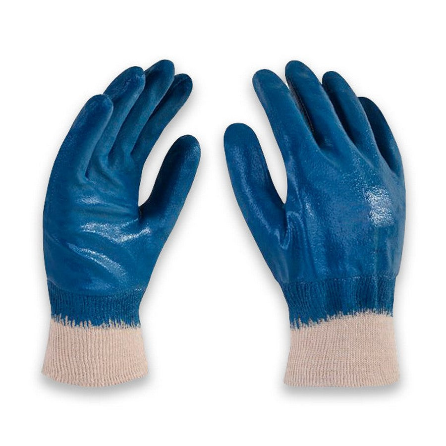 Guante recubierto de nitrilo azul con soporte interno de lona de algodón y puño de calcetín