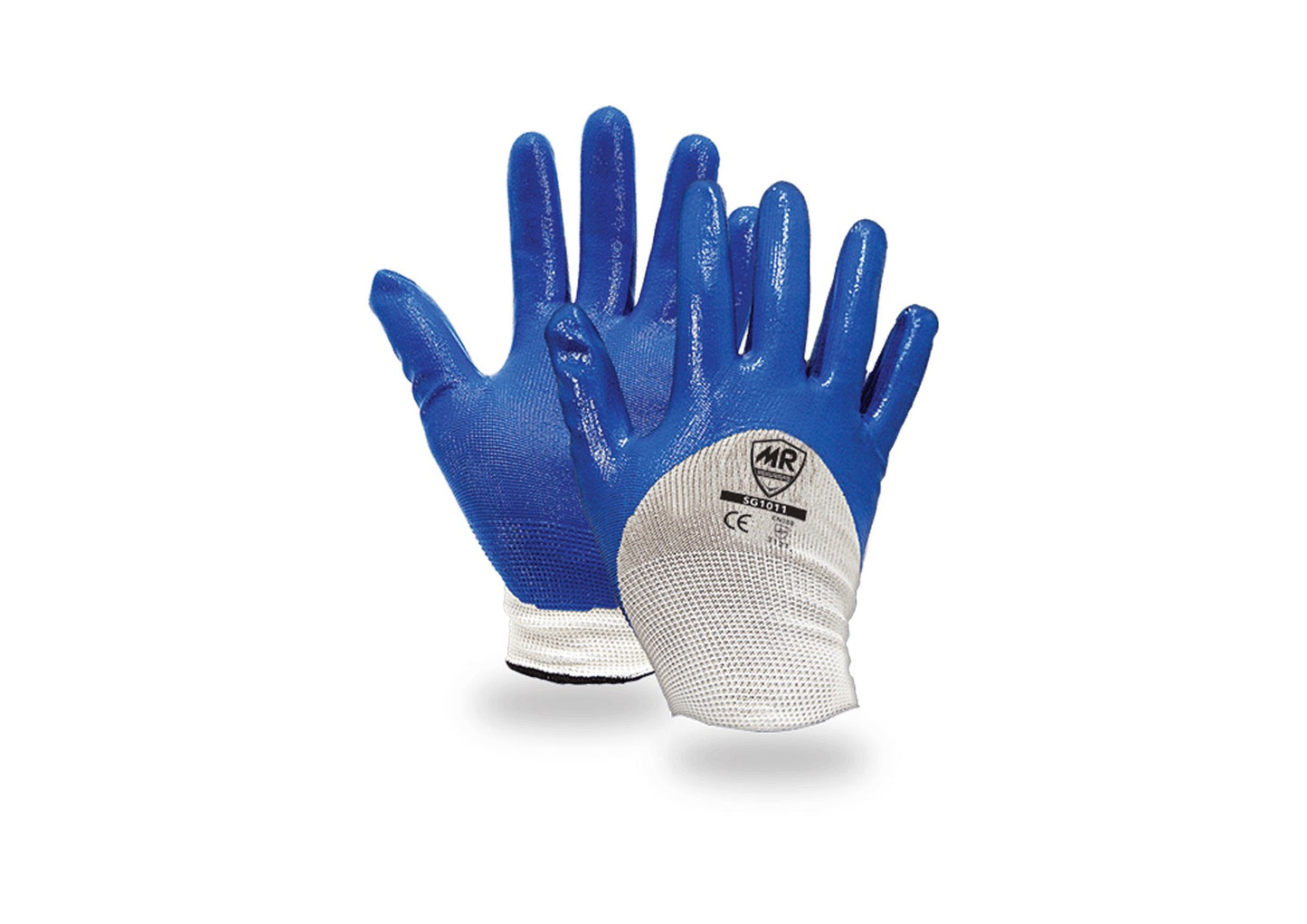 Guante poliéster blanco. Con recubrimiento de nitrilo azul en palma y dorso.