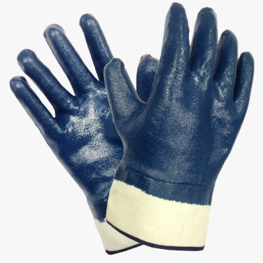 Guante recubierto de nitrilo azul con soporte lona 100% algodón y puño de seguridad