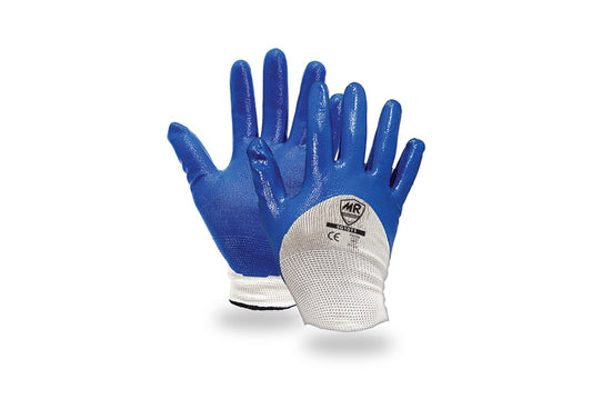 Guante poliéster blanco. Con recubrimiento de nitrilo azul en palma y dorso.